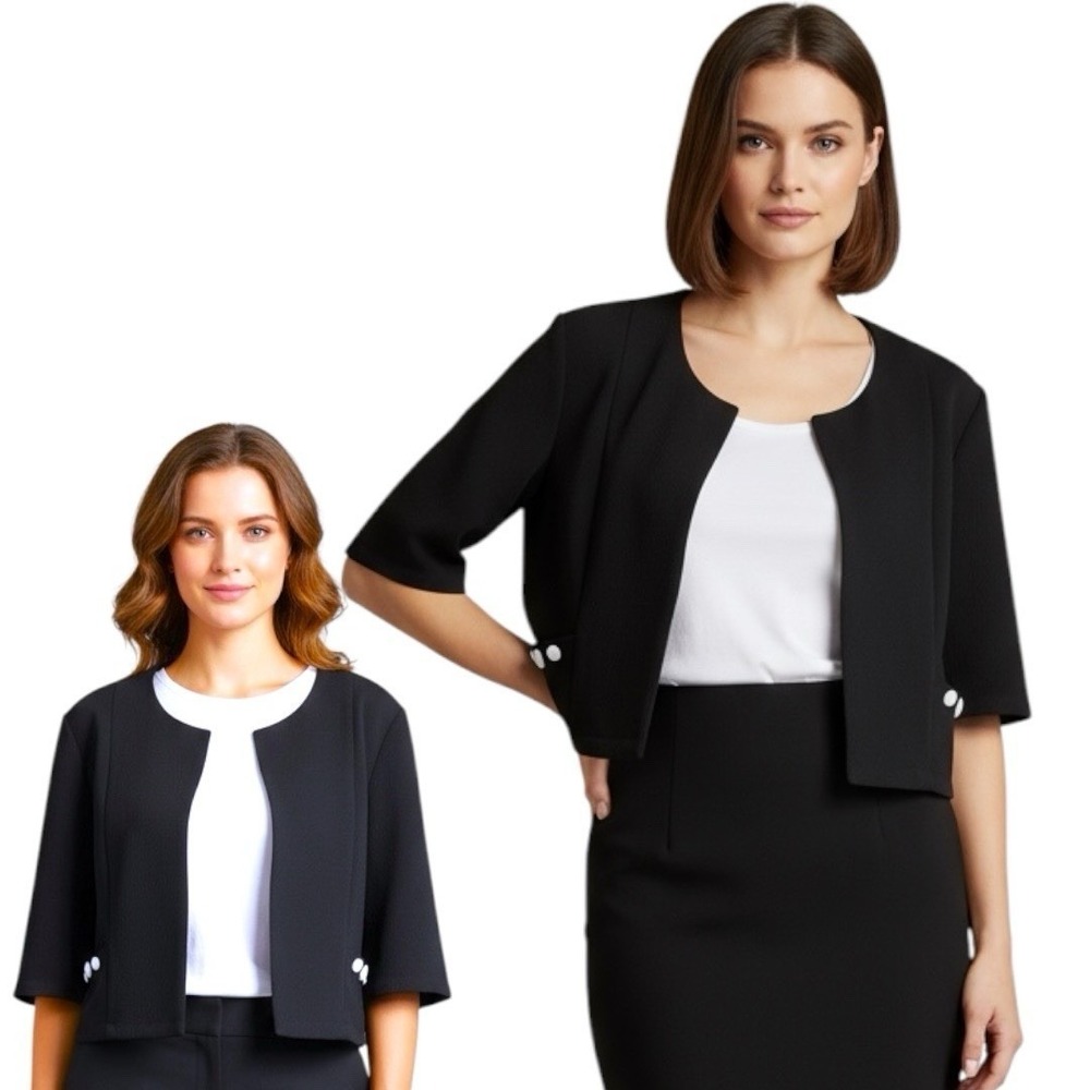 Perceptions Short Jacket Womens Black Open Size 14 Pockets White‎ Buttons - Picture 2 of 10